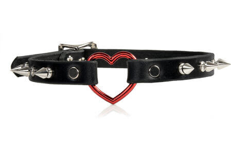 Leather Choker with Red Heart and Small Spikes